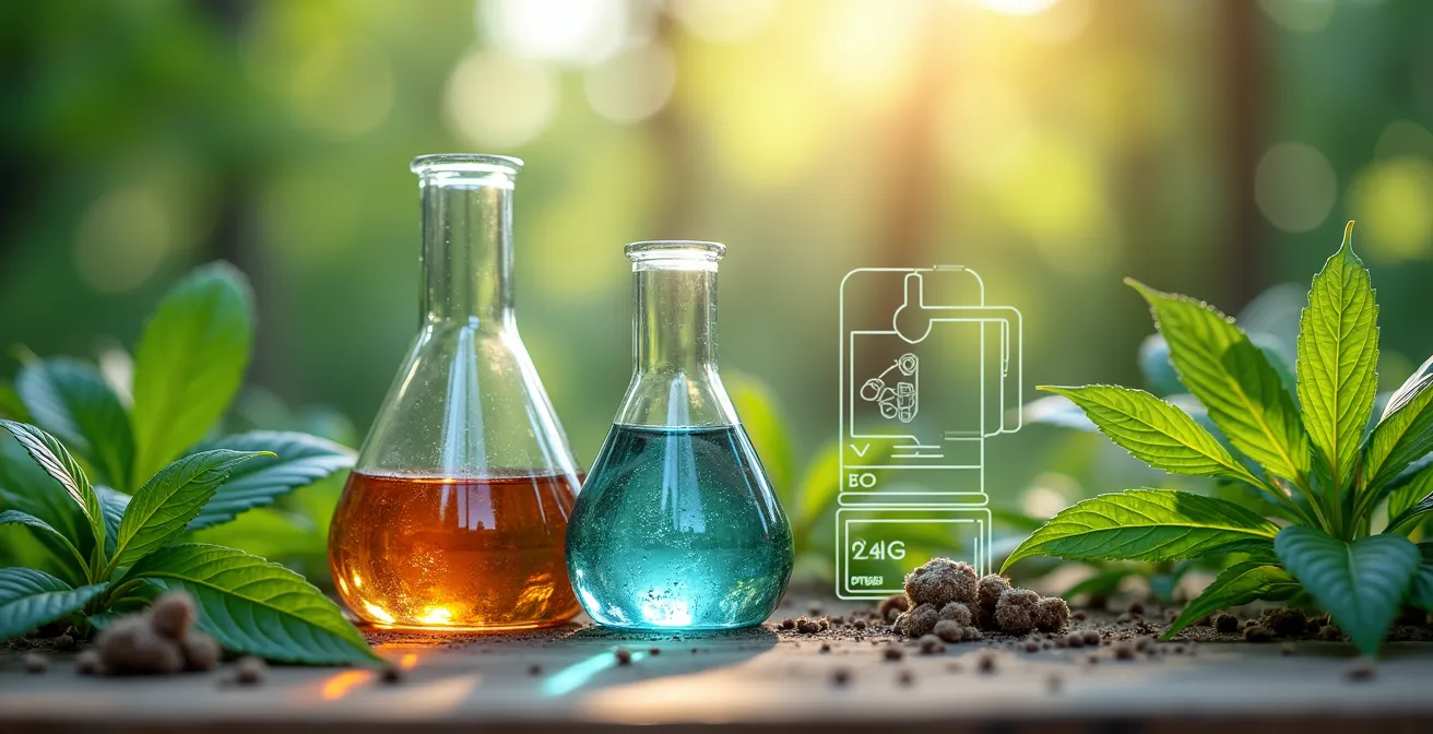 Visualisation conceptuelle des différentes méthodes d'extraction en phytothérapie, avec représentations symboliques des plantes et solvants